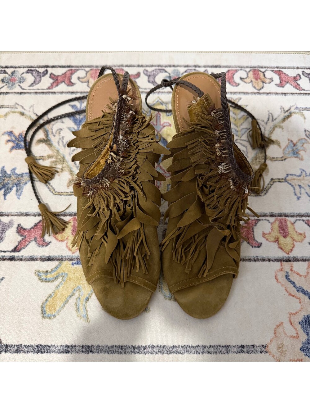 Aquazzura Gytane 85 Size 39.5 Suede Fringe Ankle Wrap Heeled Sandals Green - Picture 4 of 8